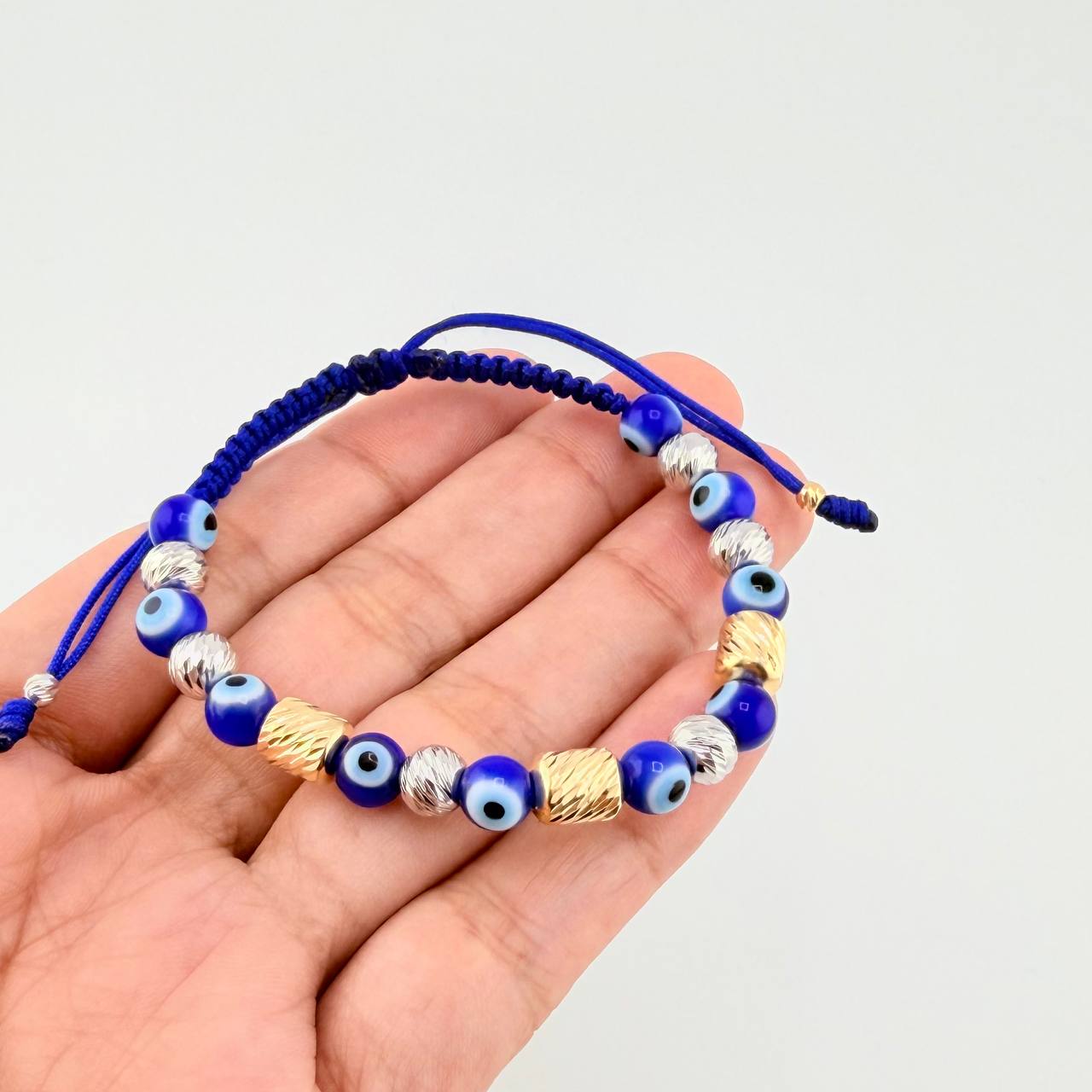 Pulsera Tejida Ojos Turcos Cilindros 6Mm-3Mm Dos Oros Amarillo Blanco 18K