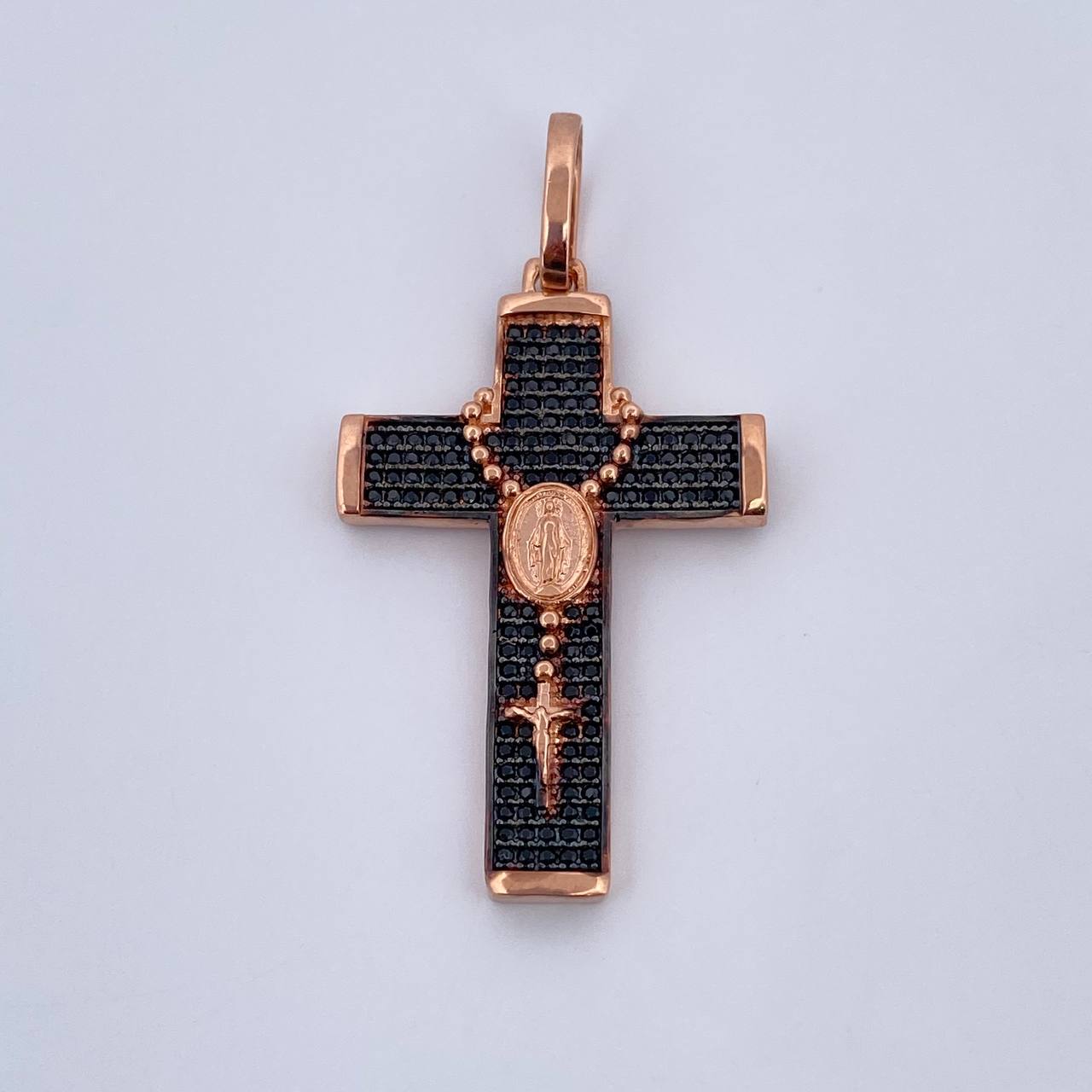 Dije Cruz Virgen Milagrosa Rosario 6.4gr / 4.8cm / Circones Negros Dos Oros Negro Rosa 18K &