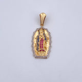 Dije Virgen Guadalupe 5.15gr / 3.6cm / Circones Fucsias Azules Blancos Dos Oros Amarillo Blanco 18K &