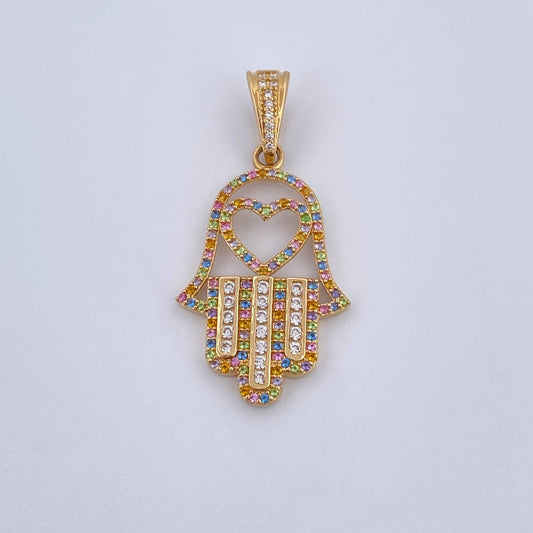 Dije Mano Hamsa 4.1gr / 4cm / Circones Colores Oro Amarillo 18K &
