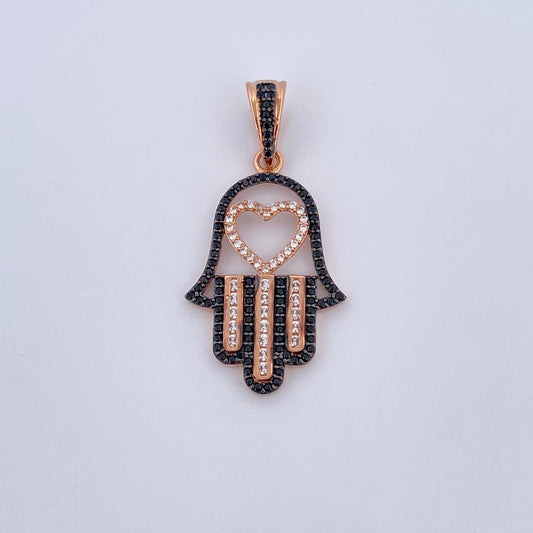 Dije Mano Hamsa 4.05gr / 4cm / Circones Negros Blancos Oro Rosa 18K &
