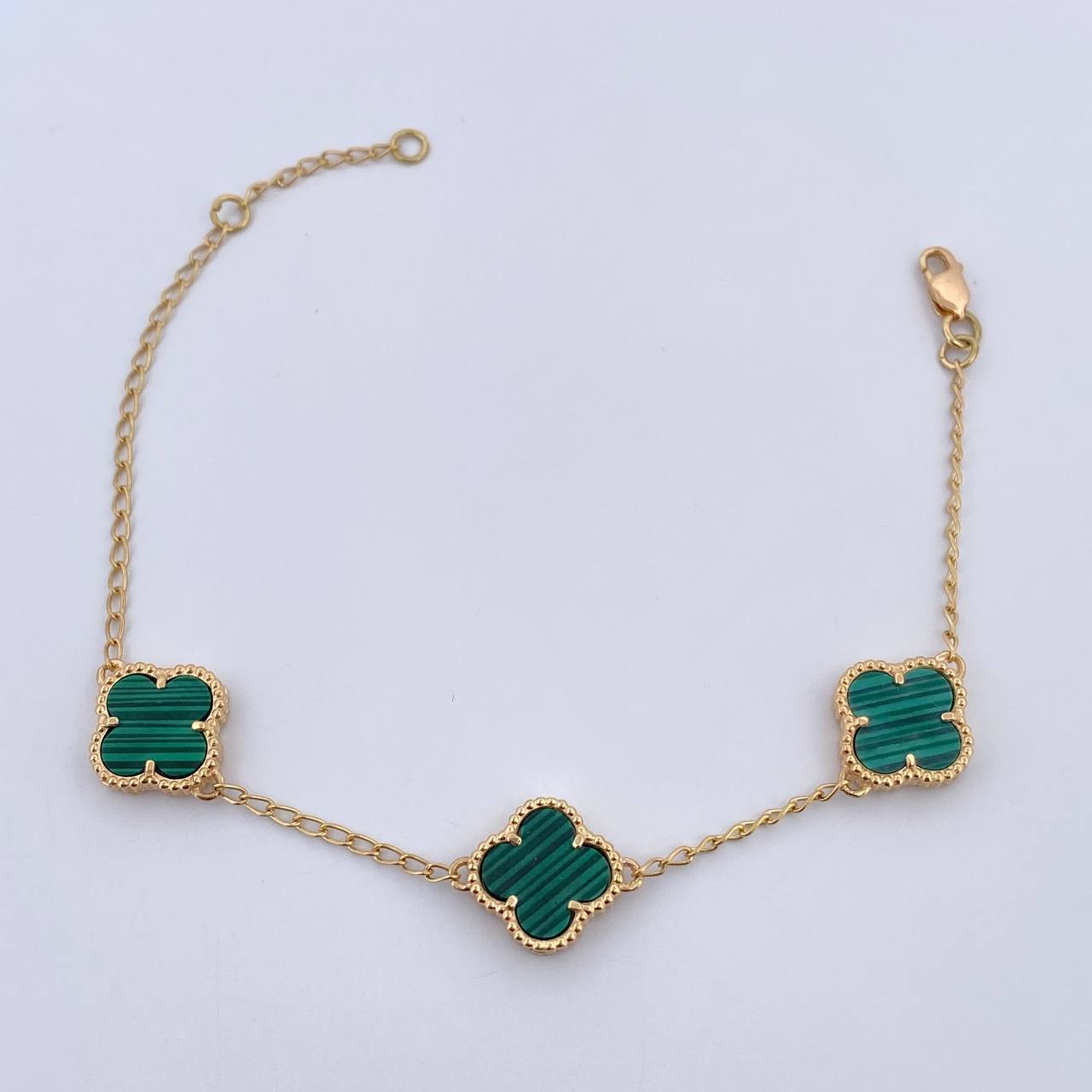 Pulso Espiga Trebol 5.3gr / 16.8cm-18.6cm / 1.2mm Malaquita Verde Oro Amarillo Nac.Esp. 18K &