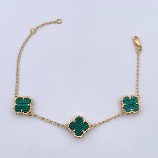 Pulso Espiga Trebol Gradual 5.4gr / 16.8cm-19.1cm / 1.4mm Malaquita Verde Oro Amarillo Nac.Esp. 18K $