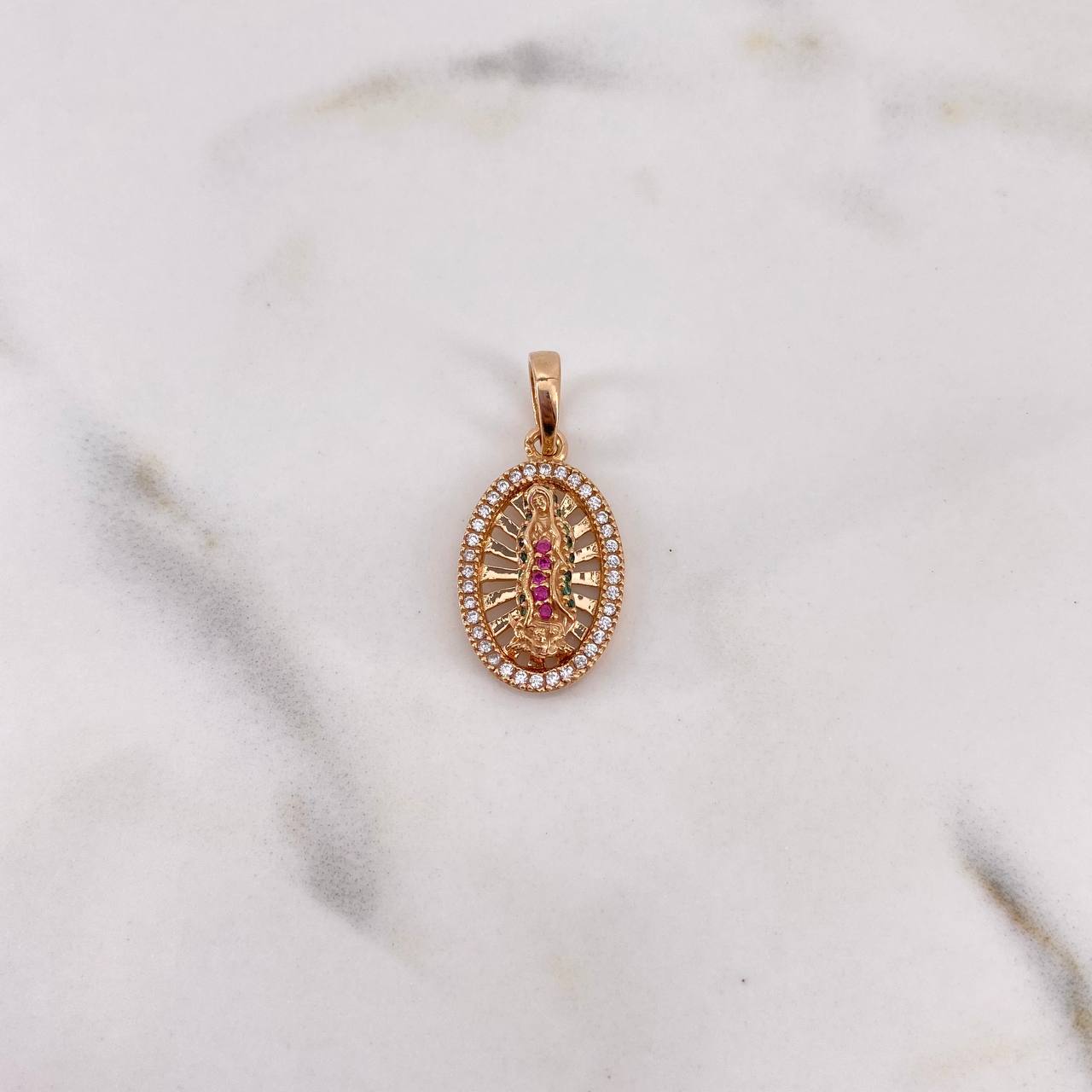 Dije Virgen Guadalupe 2.55gr / 2.5cm / Circones Fucsias Verdes Blancos Oro Rosa 18K #