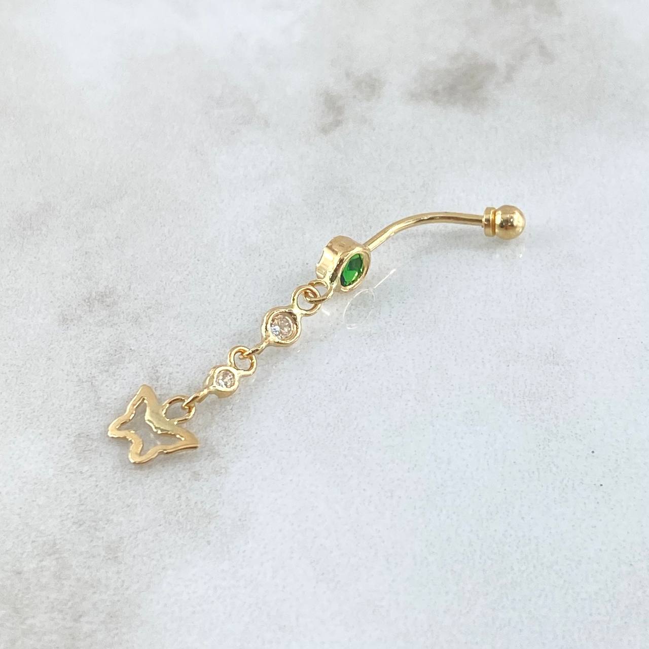 Piercing Ombligo Mariposa Silueta Colgante 0.9gr / 4cm / Circones Blancos Verde Rosca Bola Oro Amarillo 18K (Joya) ©