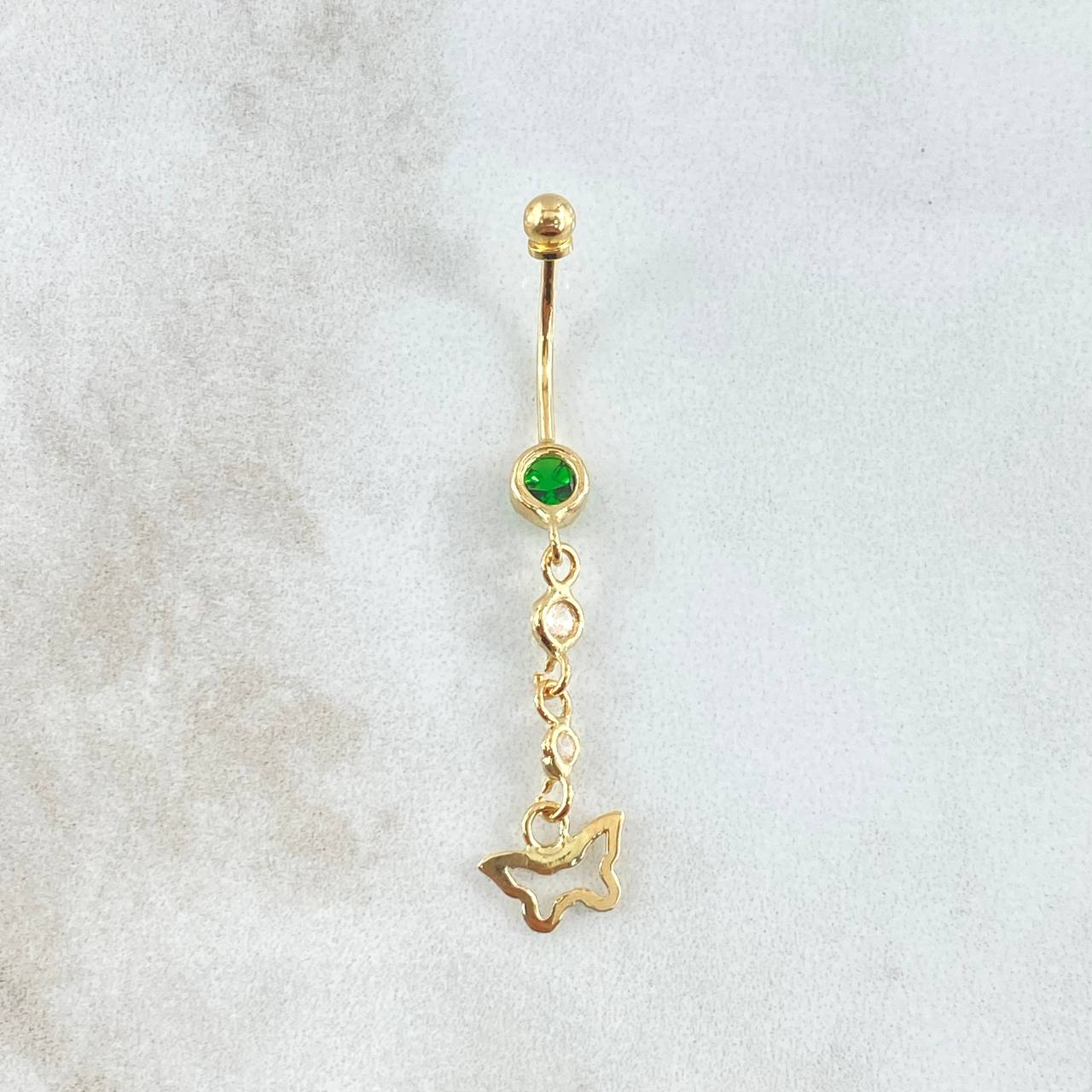 Piercing Ombligo Mariposa Silueta Colgante 0.9gr / 4cm / Circones Blancos Verde Rosca Bola Oro Amarillo 18K (Joya) ©