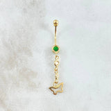 Piercing Ombligo Mariposa Silueta Colgante 0.9gr / 4cm / Circones Blancos Verde Rosca Bola Oro Amarillo 18K (Joya) ©