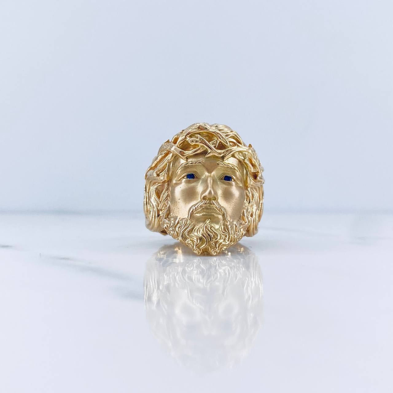 Anillo Rostro Jesus 10.55gr / T8 3/4 / Circones Azules Oro Amarillo 18K $