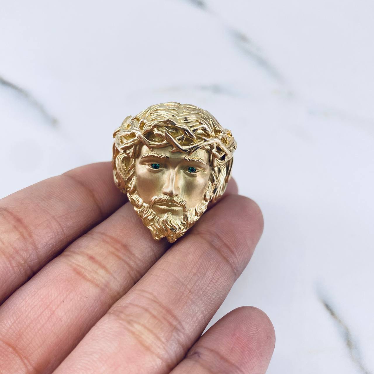 Anillo Rostro Jesus 11gr / T10 3/4 / Circones Verdes Oro Amarillo 18K $