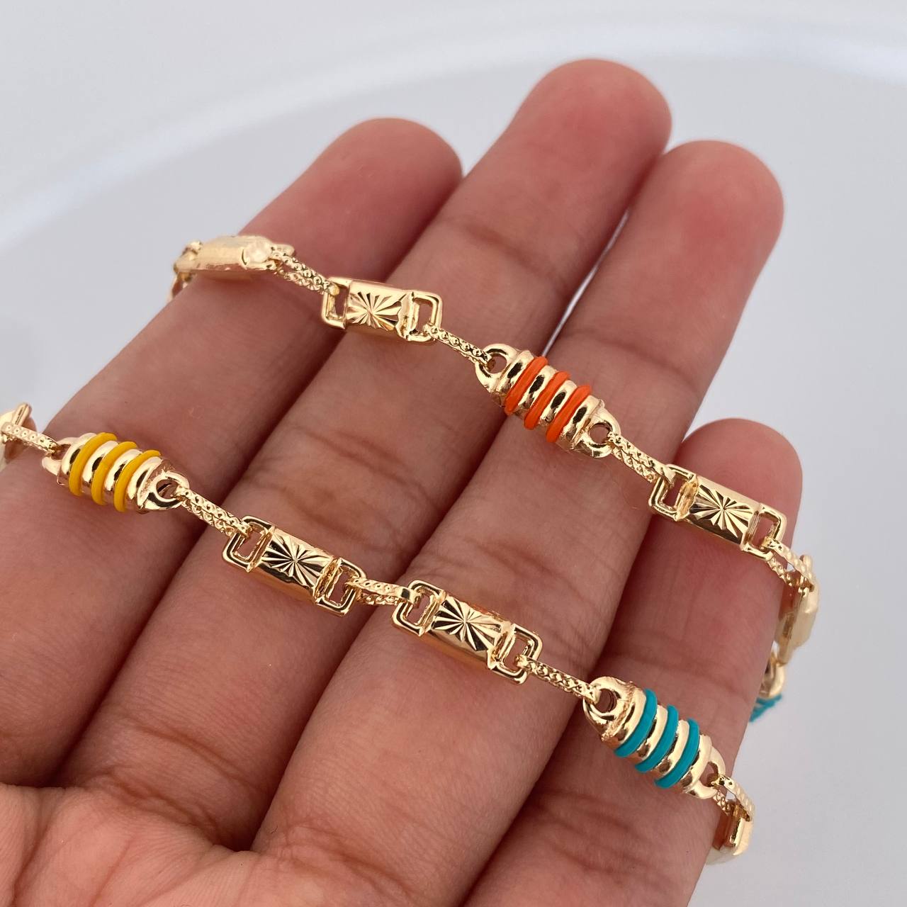 Cadena Rustica Diamantada 13.1gr / 63cm / 4.7mm Cauchos Verdes Azules Amarillos Naranjas Oro Amarillo 18K &