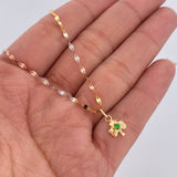Set Cadena Flor Espejo /1.1gr/45cm/2.0mm + Dije Trebol/0.35gr/1.5cm Circon Verde Oro 18K (Oferta) $