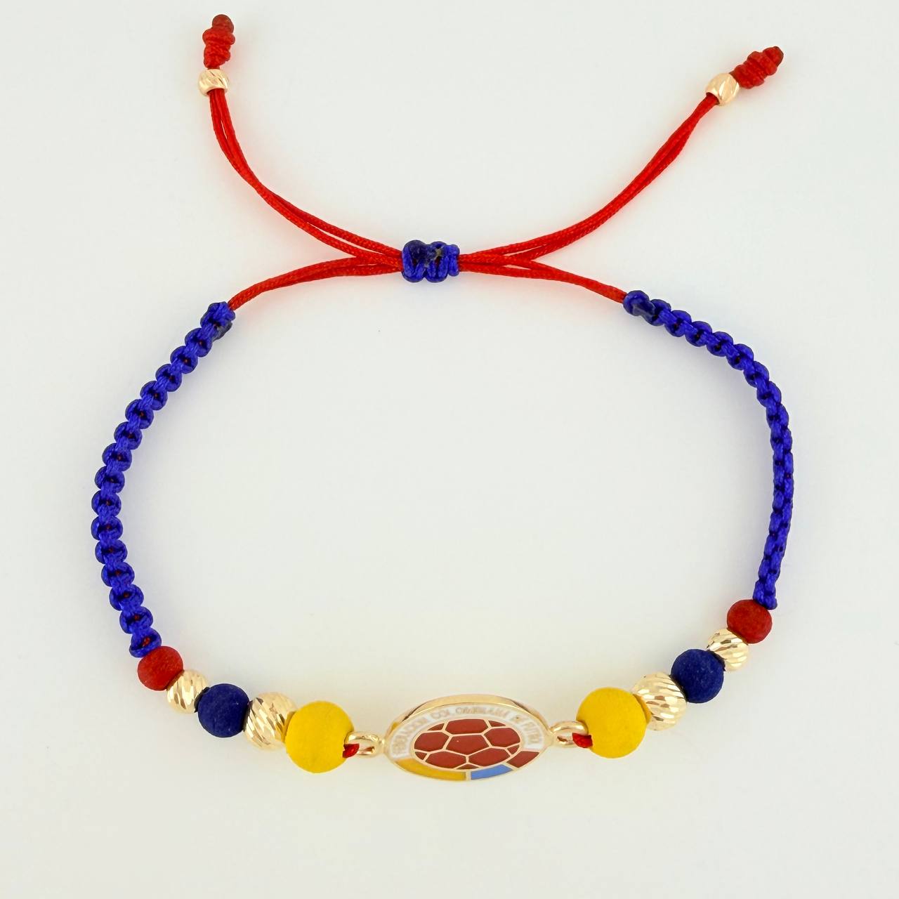 Pulsera Tejida Tricolor Escudo Selección Bolas Diamantadas 3Mm- 4Mm-5Mm / 6 Und Oro Amarillo 18K