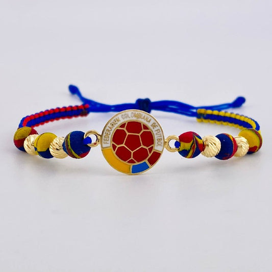 Pulsera Tejida Tricolor Escudo Selección Bolas Diamantadas 5Mm / 4 Und Oro Amarillo 18K