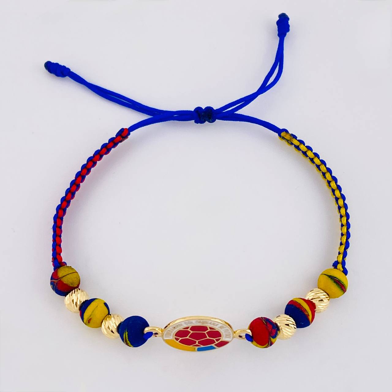 Pulsera Tejida Tricolor Escudo Selección Bolas Diamantadas 5Mm / 4 Und Oro Amarillo 18K
