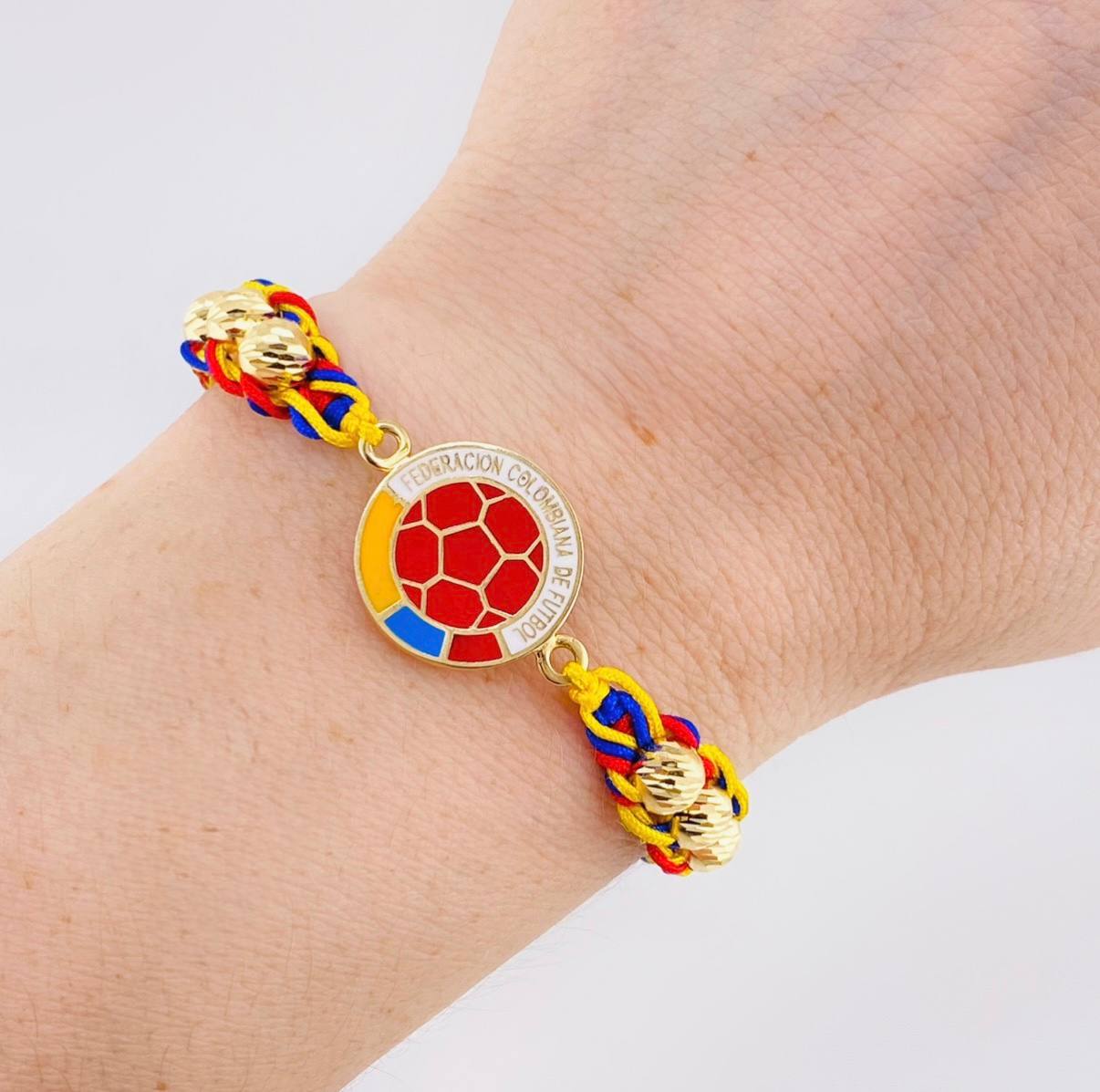 Pulsera Tejida Tricolor Escudo Selección Bolas Diamantadas 6Mm / 6 Und Oro Amarillo 18K