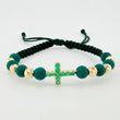 Pulsera Tejida Verde 6 Balines 5mm Cruz Burbujas Esmeralda 43pts Oro Amarillo 18K