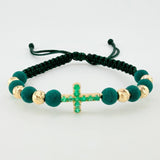 Pulsera Tejida Verde 6 Balines 5mm Cruz Burbujas Esmeralda 43pts Oro Amarillo 18K