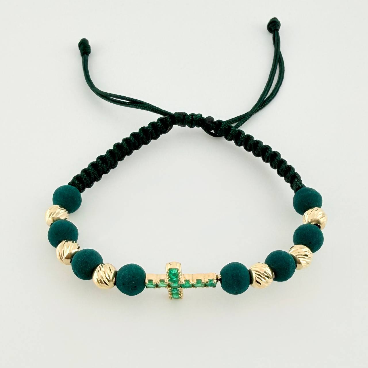 Pulsera Tejida Verde 6 Balines 5mm Cruz Burbujas Esmeralda 43pts Oro Amarillo 18K