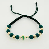 Pulsera Tejida Verde 6 Balines 5mm Cruz Burbujas Esmeralda 43pts Oro Amarillo 18K