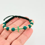 Pulsera Tejida Verde 6 Balines 5mm Cruz Burbujas Esmeralda 43pts Oro Amarillo 18K