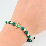 Pulsera Tejida Verde 6 Balines 5mm Cruz Burbujas Esmeralda 43pts Oro Amarillo 18K