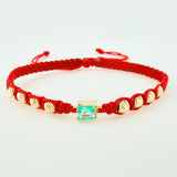 Pulsera Tejida Roja 8 Balines 4mm Cubo Esmeralda 28pts Oro Amarillo 18K