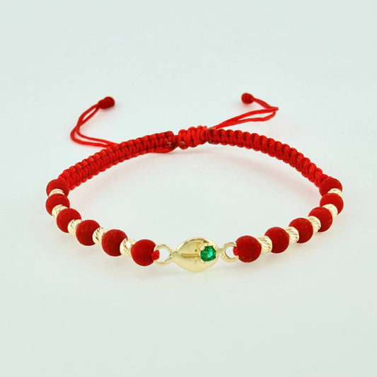 Pulsera Tejida Roja 10 Balines 3mm Grano Café Esmeralda 4pts Oro Amarillo 18K