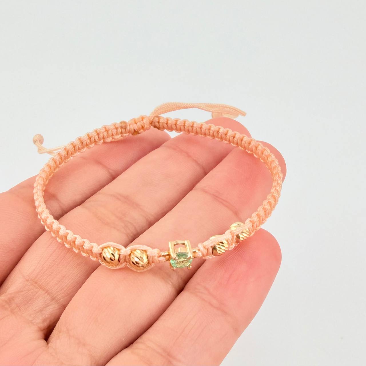 Pulsera Tejida Rosa 4 Balines 4mm Chispa Esmeralda 23pts Oro Amarillo 18K