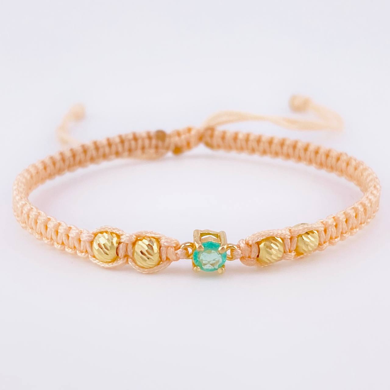 Pulsera Tejida Rosa 4 Balines 4mm Chispa Esmeralda 23pts Oro Amarillo 18K