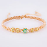 Pulsera Tejida Rosa 4 Balines 4mm Chispa Esmeralda 23pts Oro Amarillo 18K