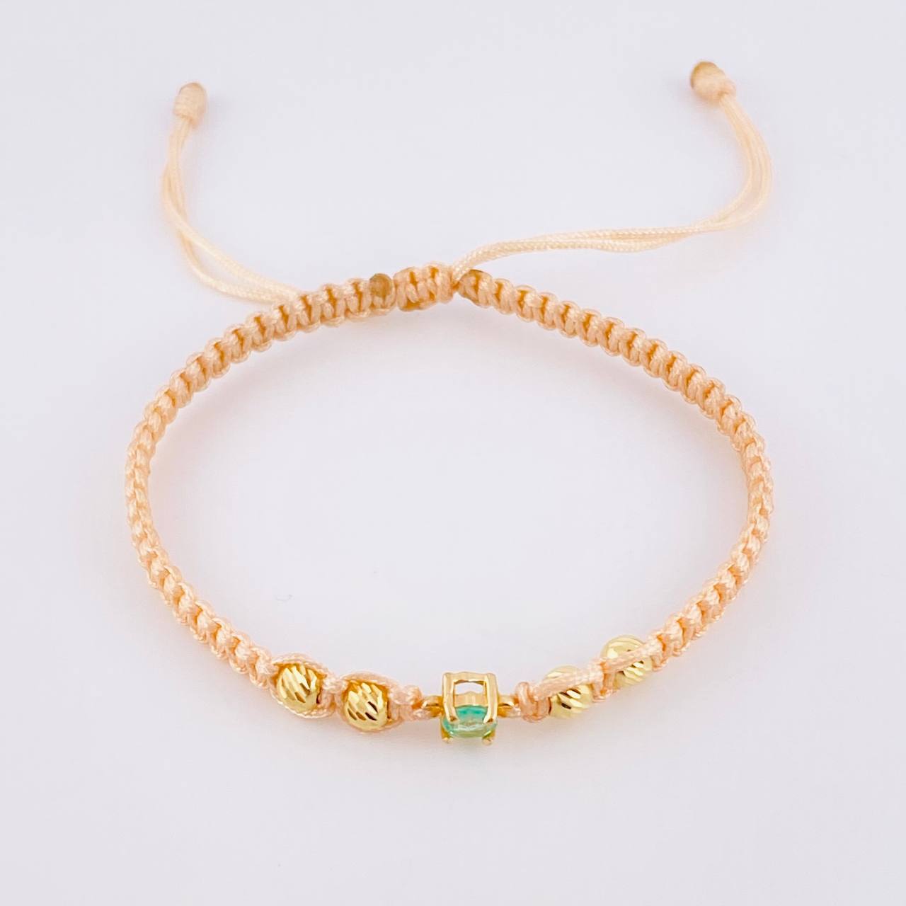 Pulsera Tejida Rosa 4 Balines 4mm Chispa Esmeralda 23pts Oro Amarillo 18K