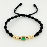 Pulsera Tejida Negra 4 Balines 5mm Cubo Esmeralda 60pts Oro Amarillo 18K