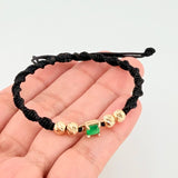 Pulsera Tejida Negra 4 Balines 5mm Cubo Esmeralda 60pts Oro Amarillo 18K