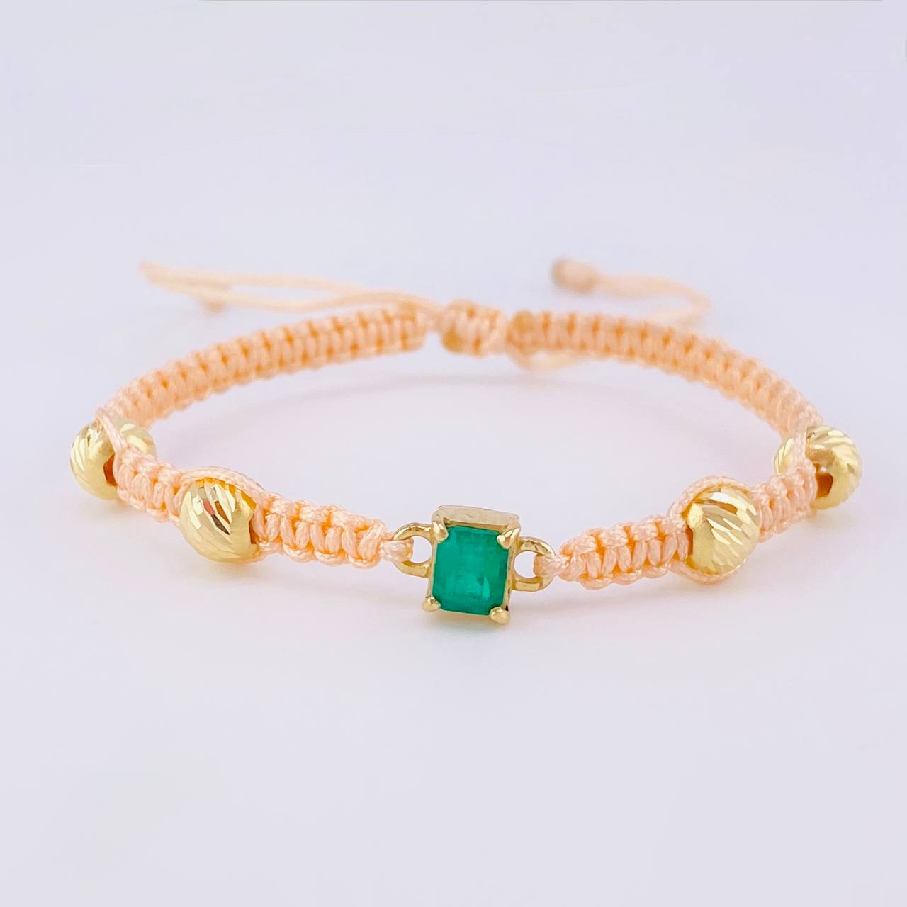 Pulsera Tejida Rosa 4 Balines 6mm Cubo Esmeralda 60pts Oro Amarillo 18K