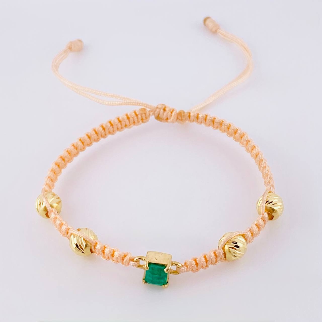 Pulsera Tejida Rosa 4 Balines 6mm Cubo Esmeralda 60pts Oro Amarillo 18K