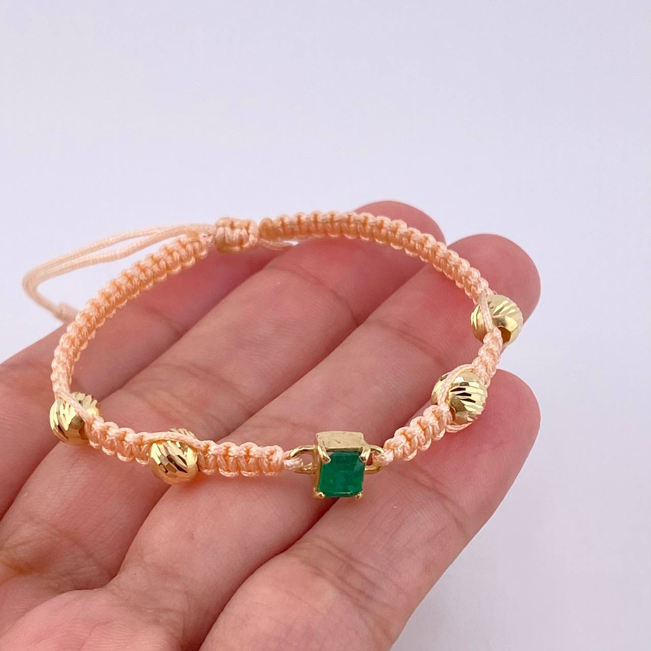 Pulsera Tejida Rosa 4 Balines 6mm Cubo Esmeralda 60pts Oro Amarillo 18K