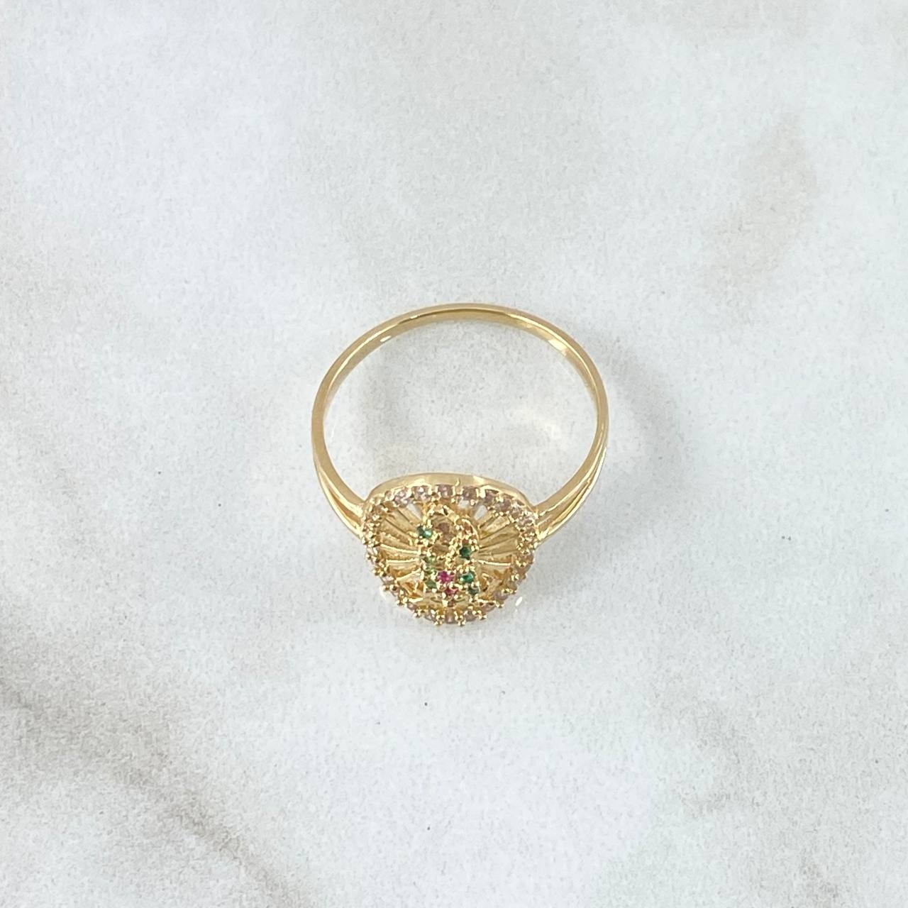 Anillo Virgen de Guadalupe Filigrana 2.3gr / T6 1/4 / Circones Verdes Blancos Fucsia Oro Amarillo 18K ©