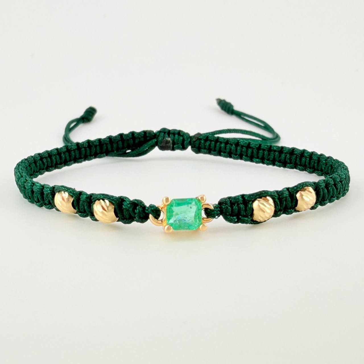 Pulsera Tejida Verde 4 Balines 4mm Cubo Esmeralda 28pts Oro Amarillo 18K
