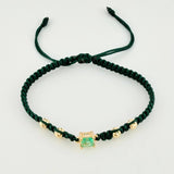Pulsera Tejida Verde 4 Balines 4mm Cubo Esmeralda 28pts Oro Amarillo 18K