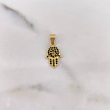 Dije Mano Hamsa 1.15gr / 2.2cm / Circones Negros Oro Amarillo 18K &