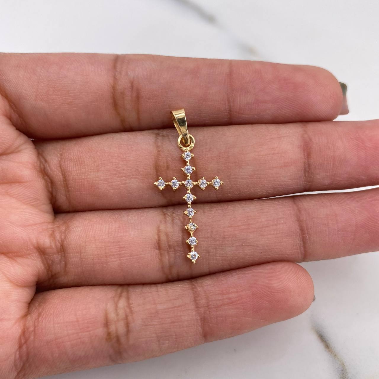 Dije Cruz 0.9gr / 2.9cm / Puntos Circones Blancos Oro Amarillo 18K #