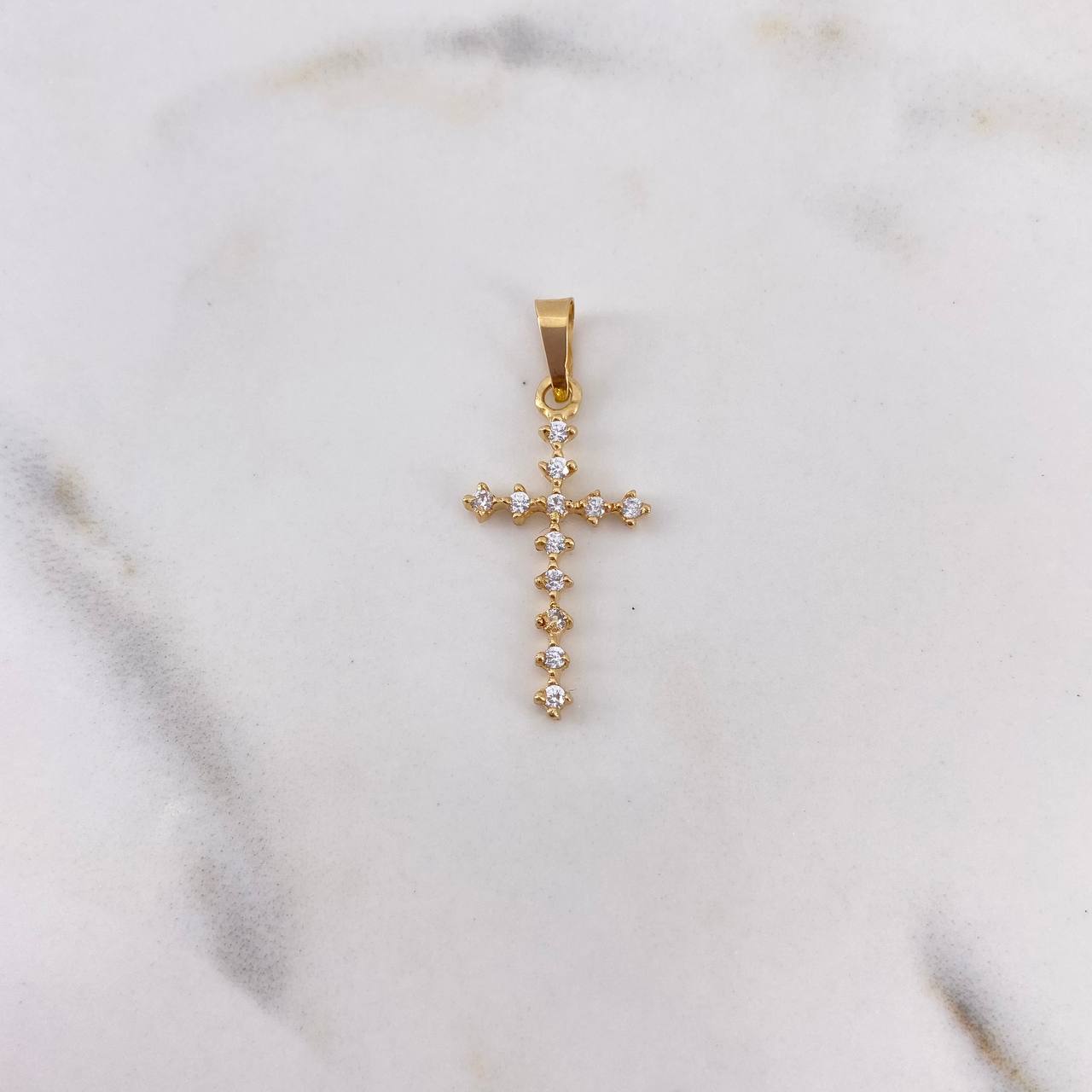 Dije Cruz 0.9gr / 2.9cm / Puntos Circones Blancos Oro Amarillo 18K #