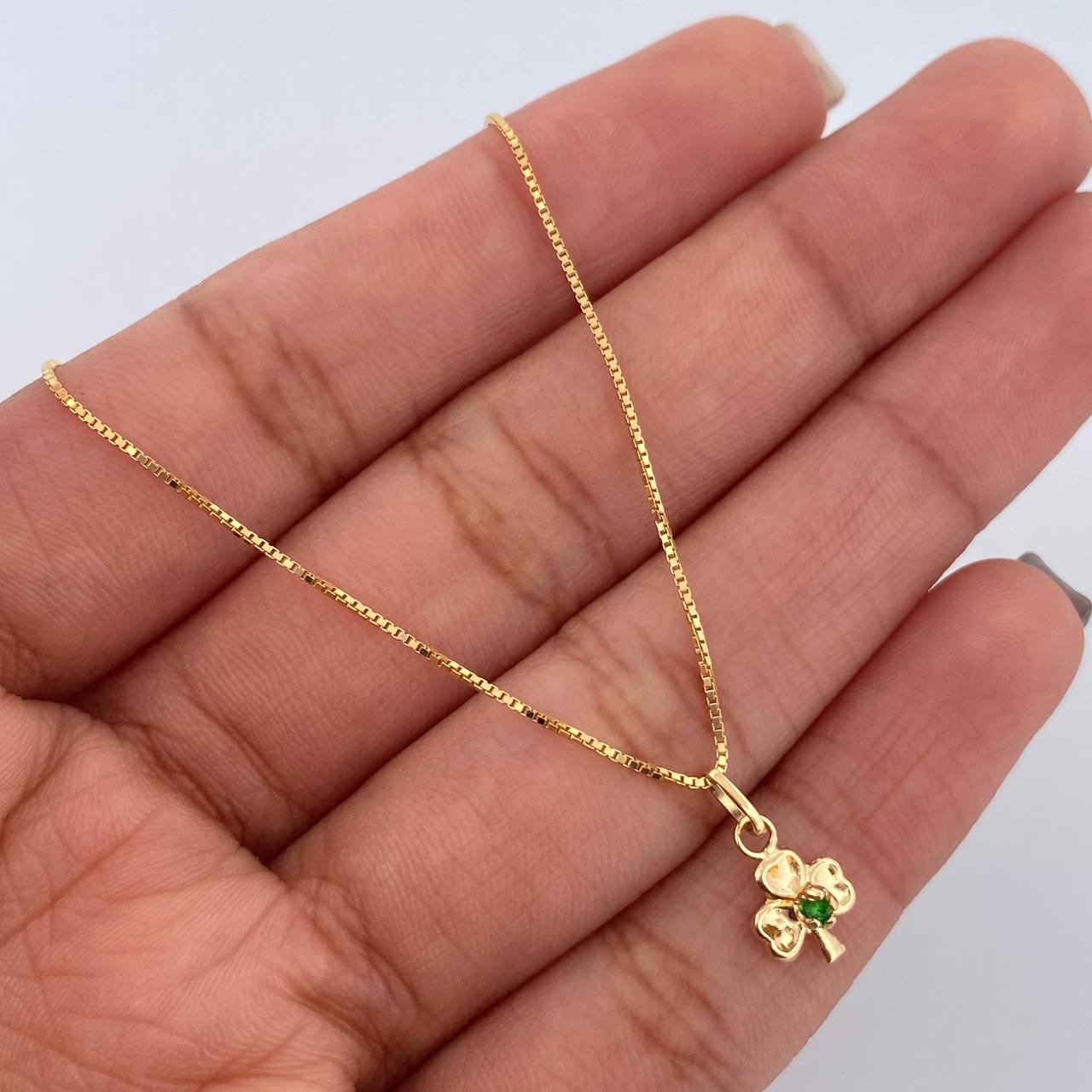 Set Cadena Veneciana 1.8gr/45cm/0.7mm + Dije Trebol 0.3gr/ 1.1cm Circon Verde Oro 18K (Oferta) &