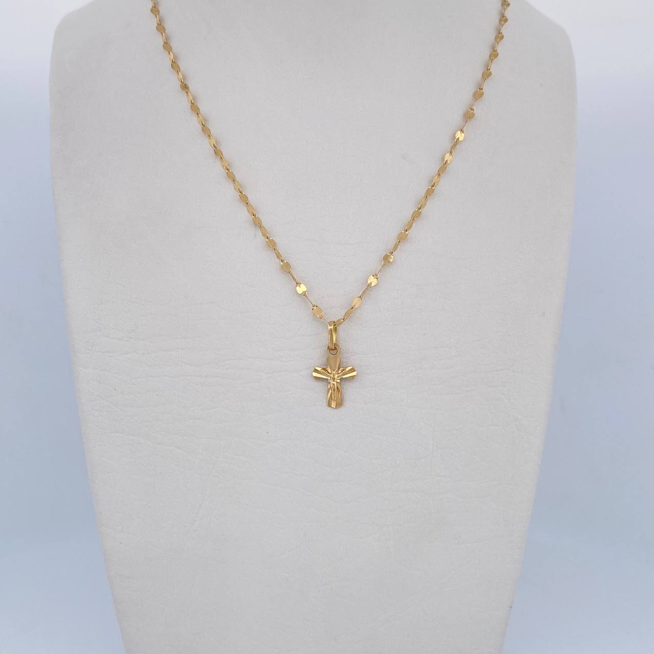 Set Cadena Flor Espejo 1.2gr/50cm/1.8mm + Dije Cruz Cristo 0.5gr/1.5cm Diamantado Oro 18K (Oferta) &