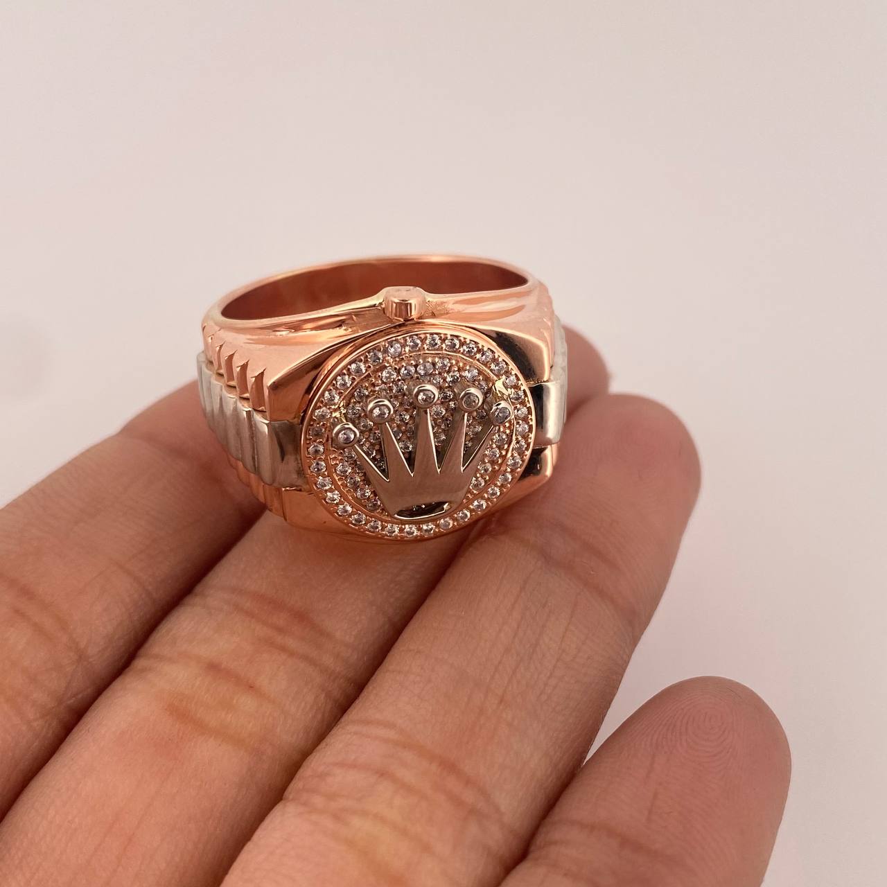 Anillo Corona RX 13.85gr / T12 3/4 / Circones Blancos Dos Oros Blanco Rosa 18K $