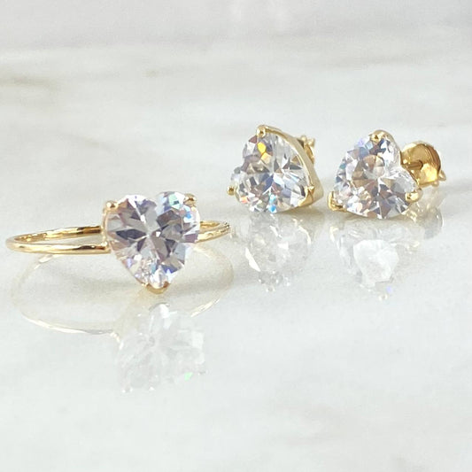 Set Corazon - Topos 0.8cm - Anillo T7 1/2 4.7gr - Circones Blancos  Nac.Esp. Oro 18K *