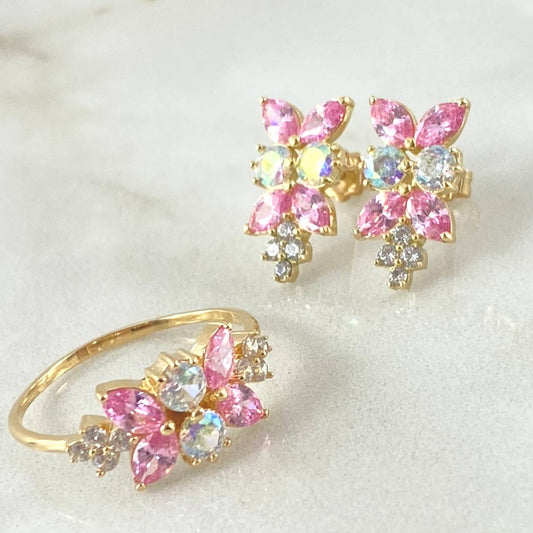 Set Muerdago Floral - Topos 1.5cm - Anillo T7 3/4 5.1gr - Circones Rosa Tornasol  Nac.Esp. Oro 18K *