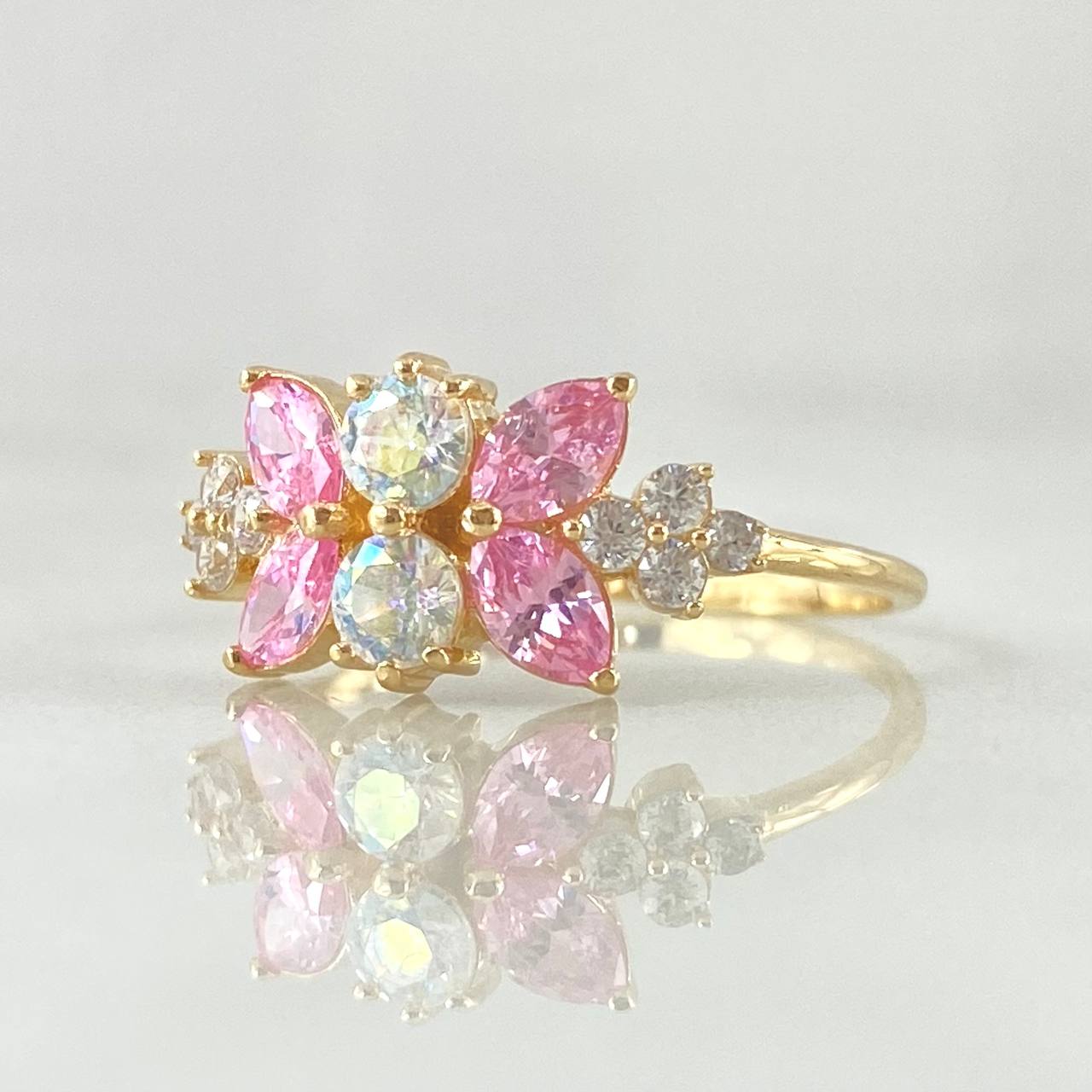 Set Muerdago Floral - Topos 1.5cm - Anillo T7 3/4 5.1gr - Circones Rosa Tornasol  Nac.Esp. Oro 18K *