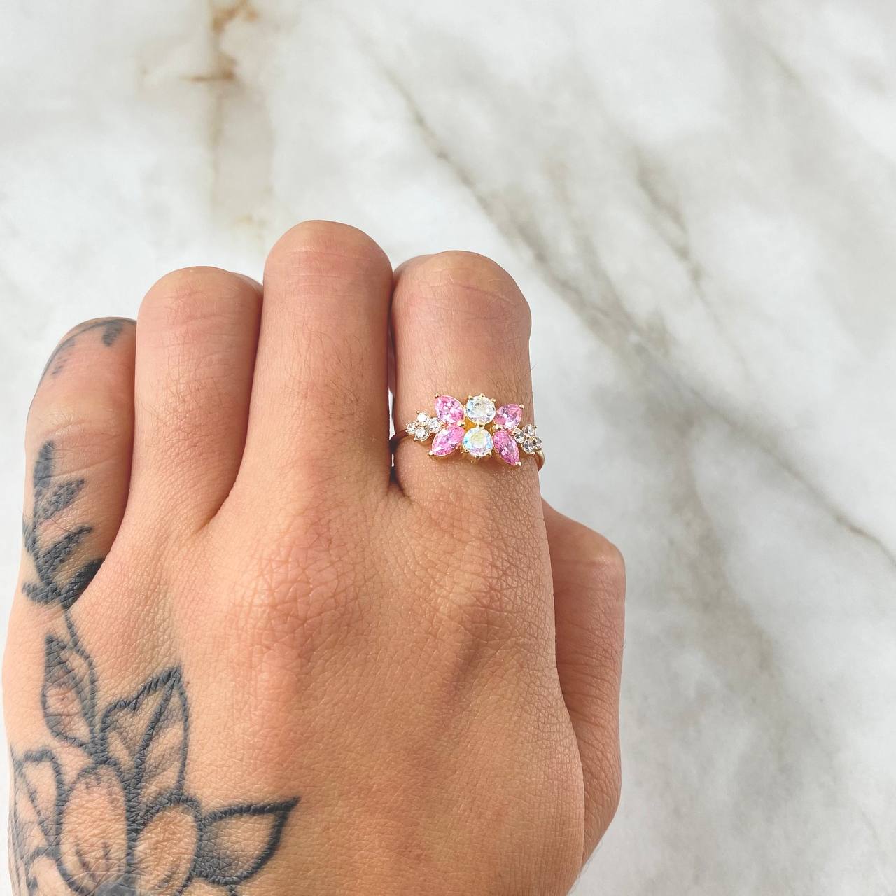 Set Muerdago Floral - Topos 1.5cm - Anillo T7 3/4 5.1gr - Circones Rosa Tornasol  Nac.Esp. Oro 18K *