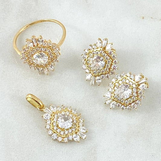 Set Neavada Hexagonal - Topos 1.7cm - Dije 2.5cm - Anillo T6 1/4 8.25gr - Circones Blancos  Nac.Esp. Oro 18K *